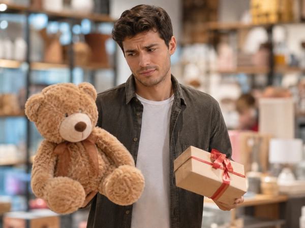 Hombre indeciso entre un oso de peluche y una caja de regalo en una tienda.